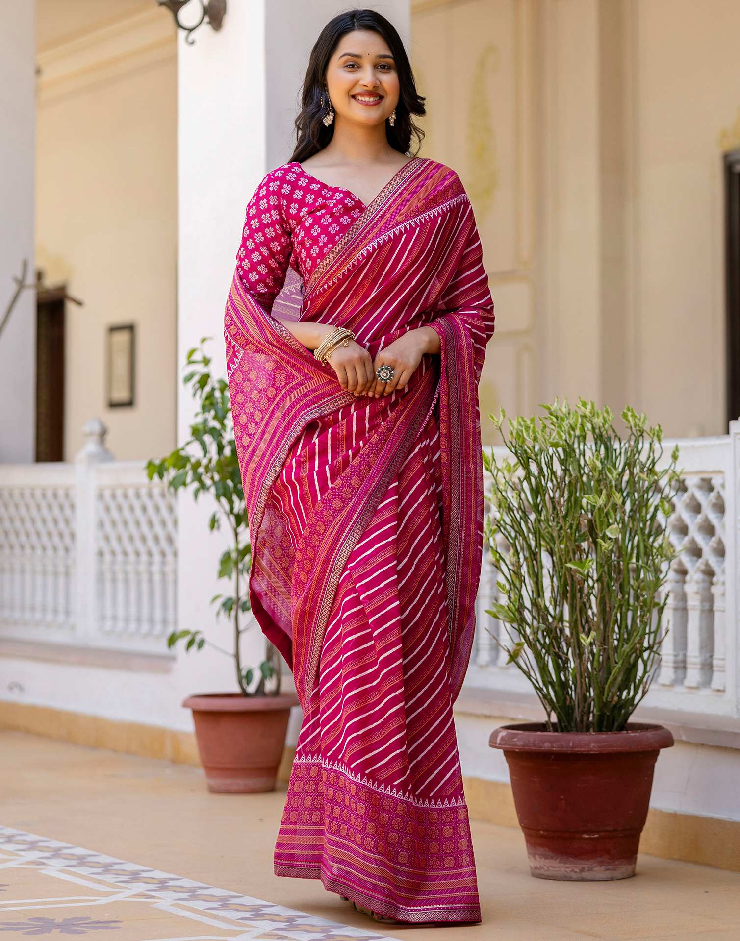 Dark Rani Pink Georgette Printed Lace Saree