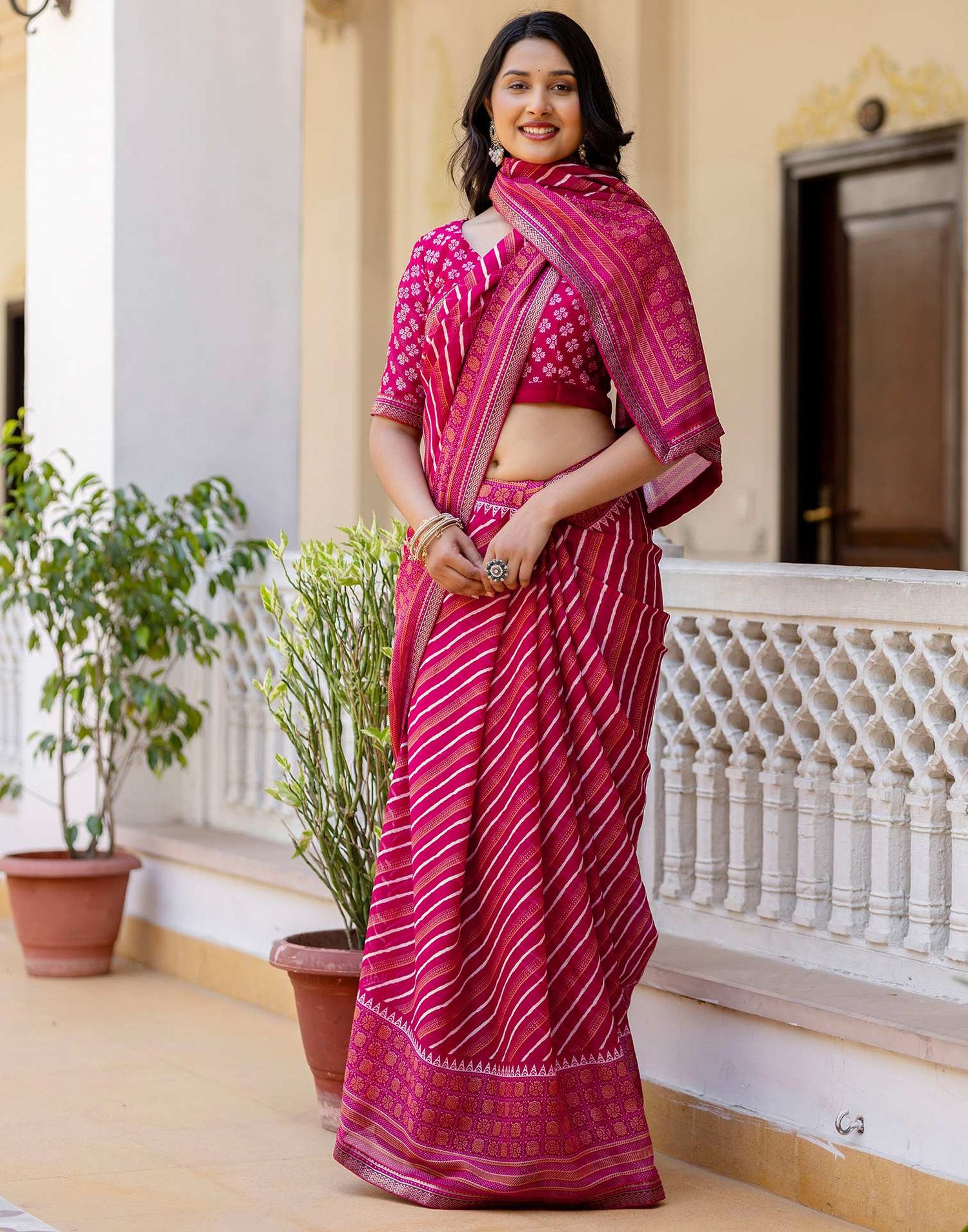 Dark Rani Pink Georgette Printed Lace Saree