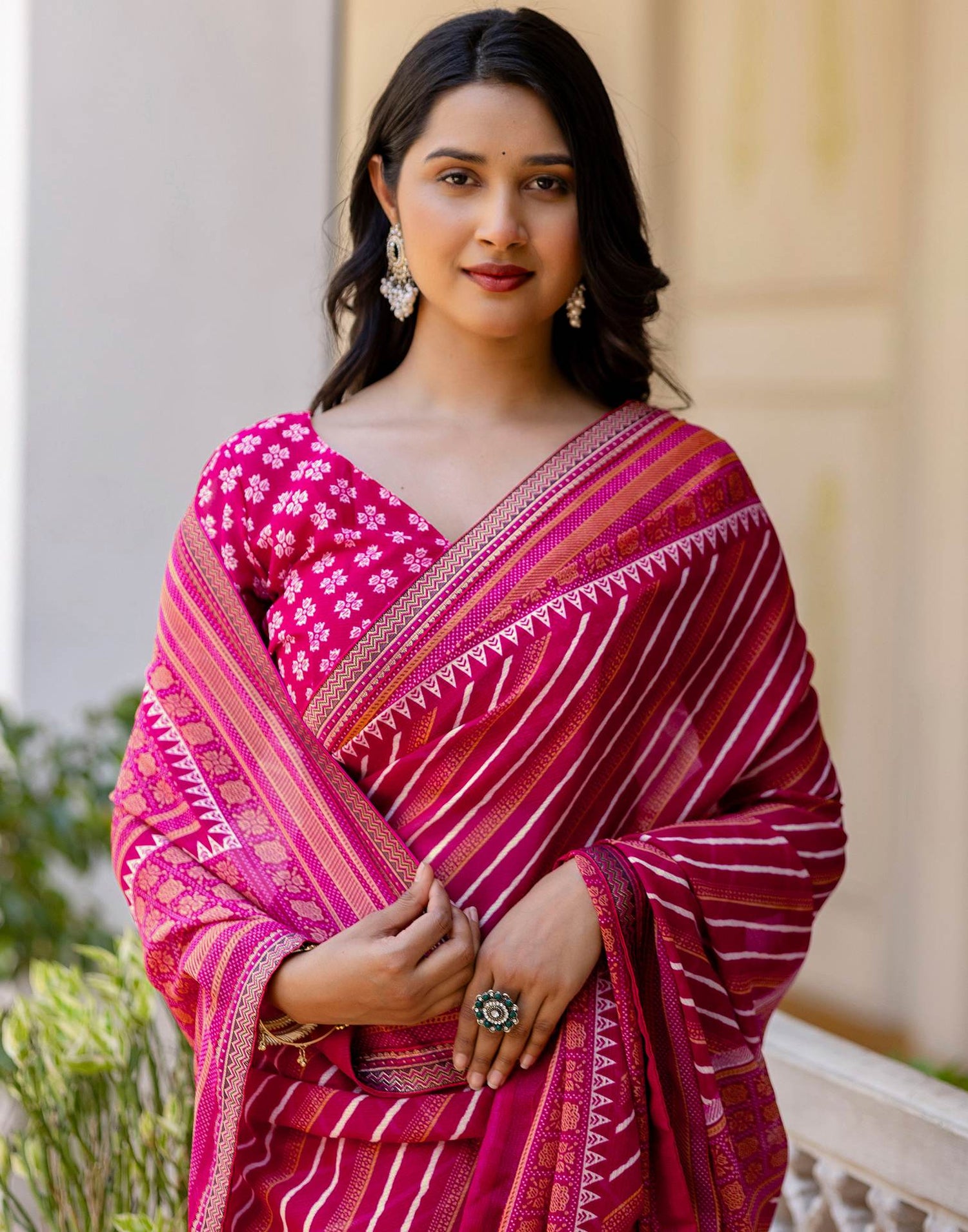 Dark Rani Pink Georgette Printed Lace Saree