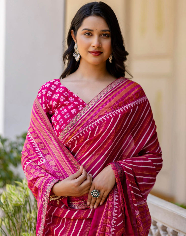 Dark Rani Pink Georgette Printed Lace Saree