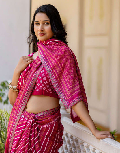 Dark Rani Pink Georgette Printed Lace Saree