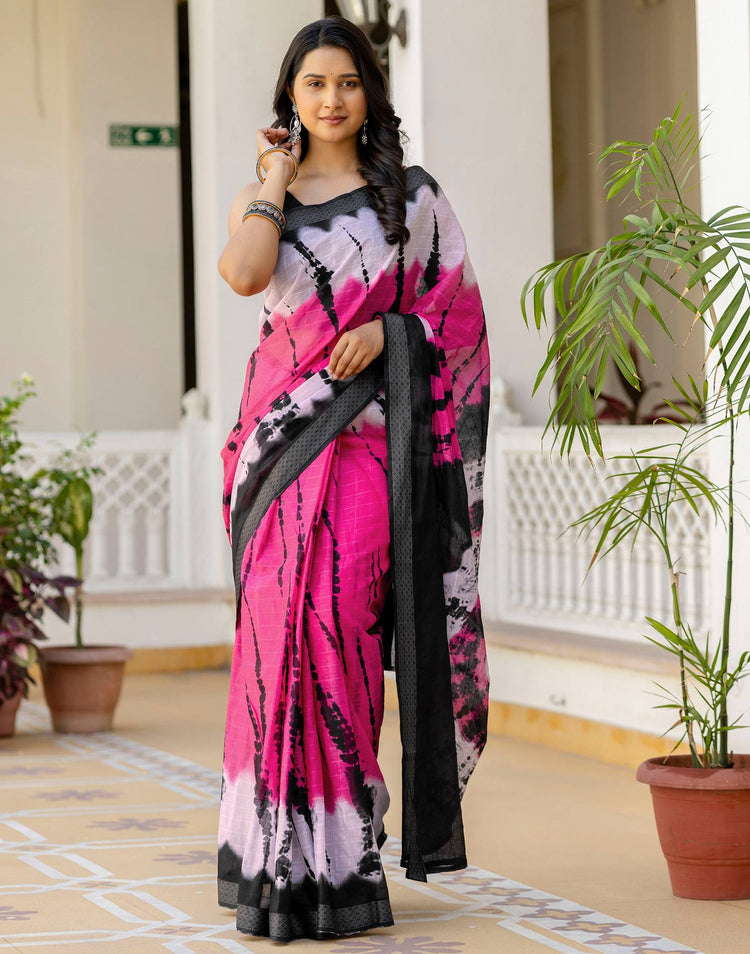 Pink Cotton Printed Woven Border Saree