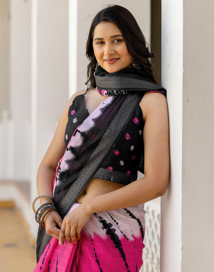 Pink Cotton Printed Woven Border Saree