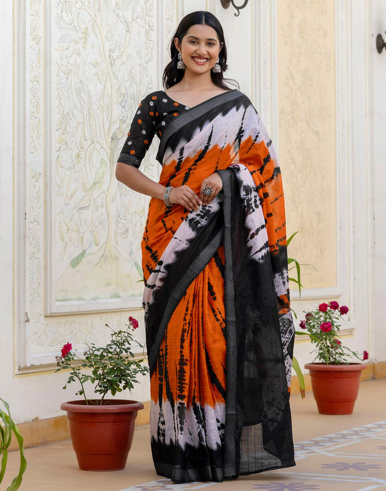 Orange Cotton Printed Woven Border Saree