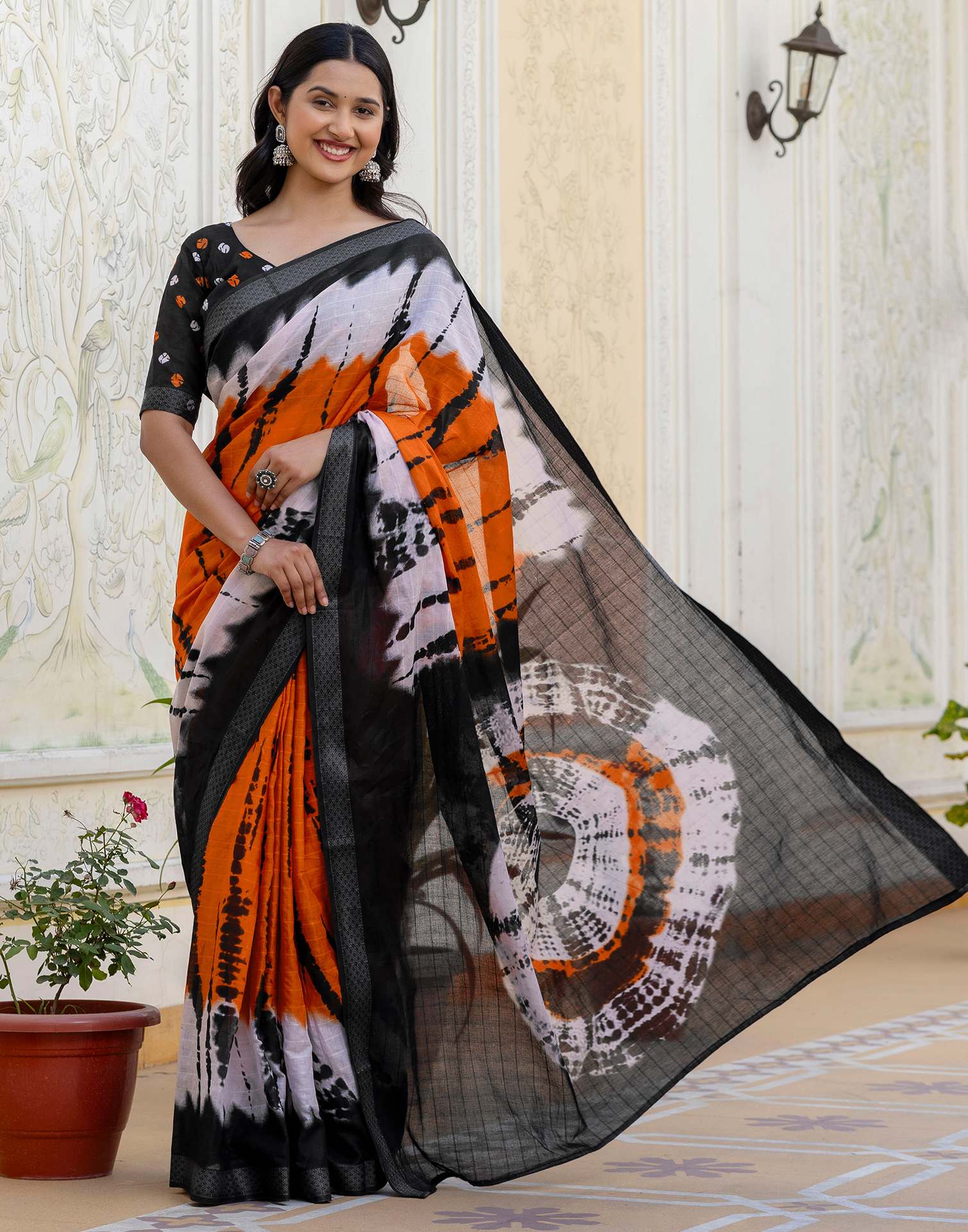 Orange Cotton Printed Woven Border Saree
