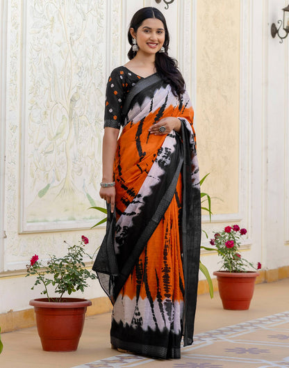 Orange Cotton Printed Woven Border Saree