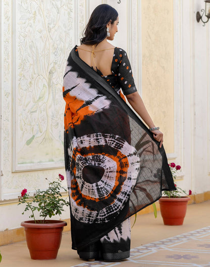Orange Cotton Printed Woven Border Saree