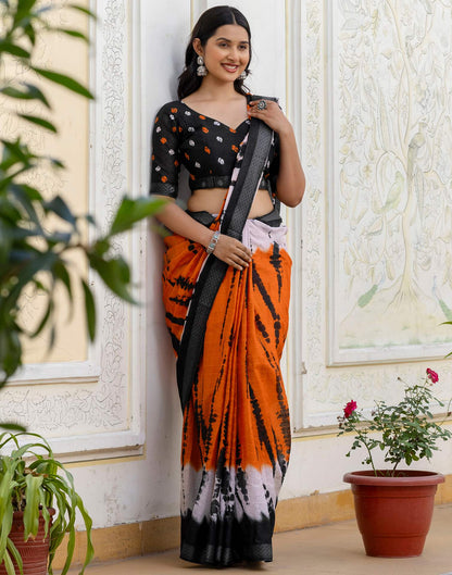 Orange Cotton Printed Woven Border Saree