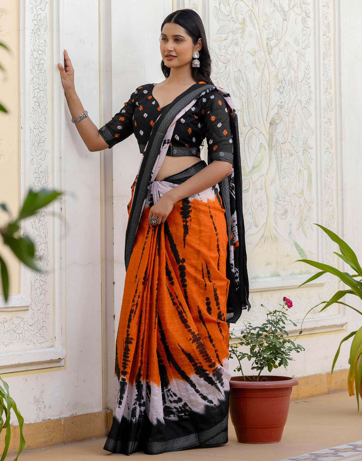 Orange Cotton Printed Woven Border Saree