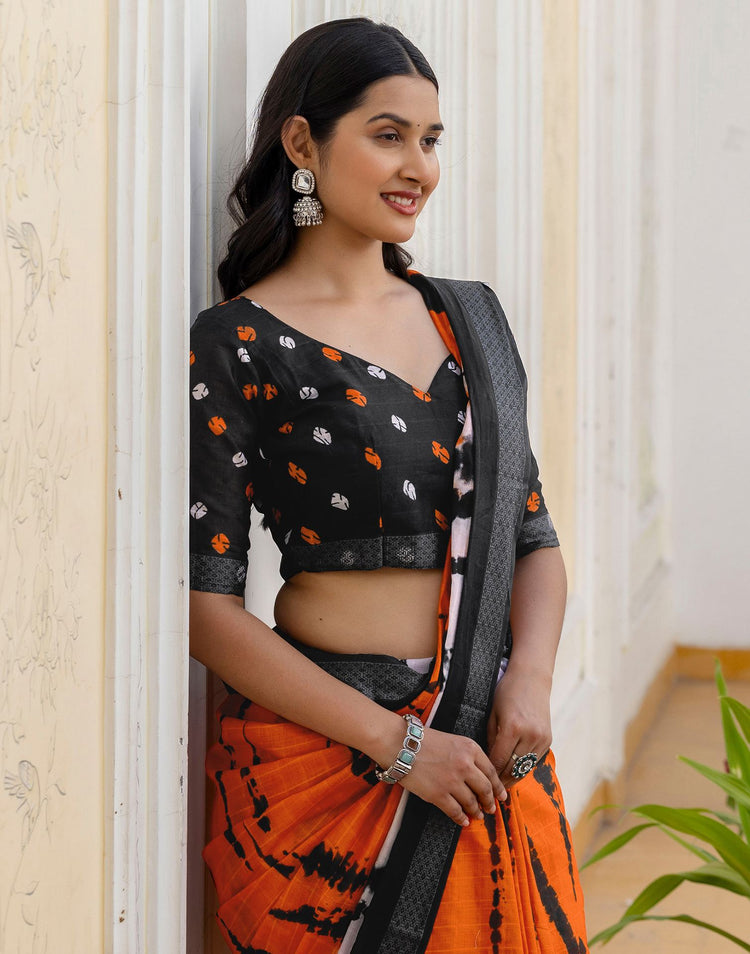 Orange Cotton Printed Woven Border Saree