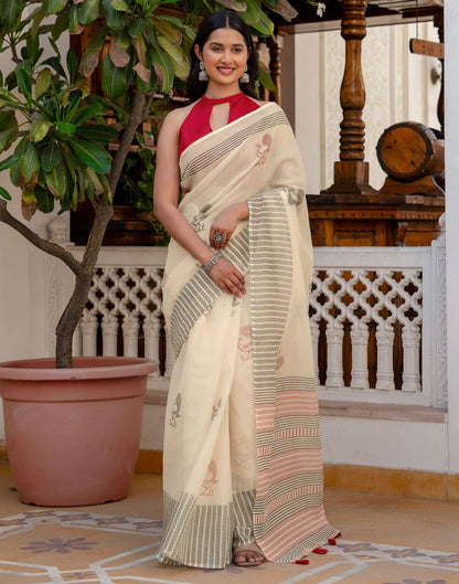 Off White Linen Printed Saree