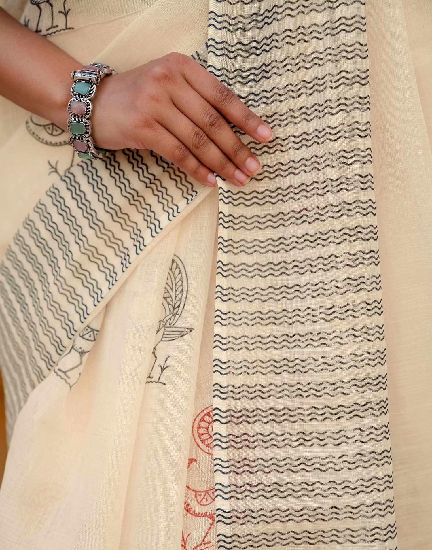 Off White Linen Printed Saree
