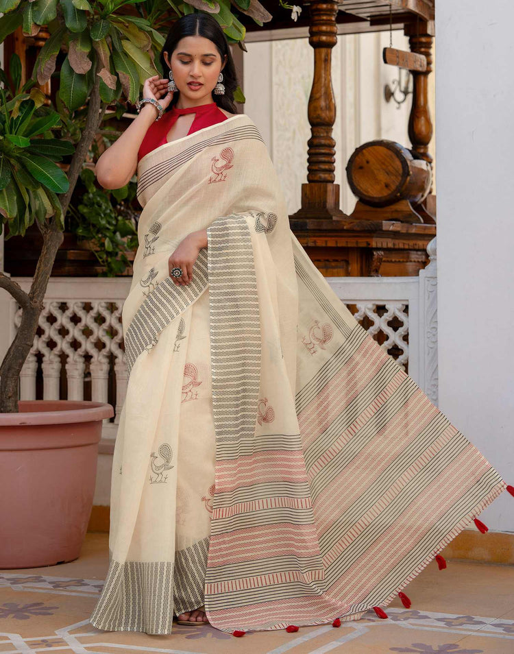 Off White Linen Printed Saree