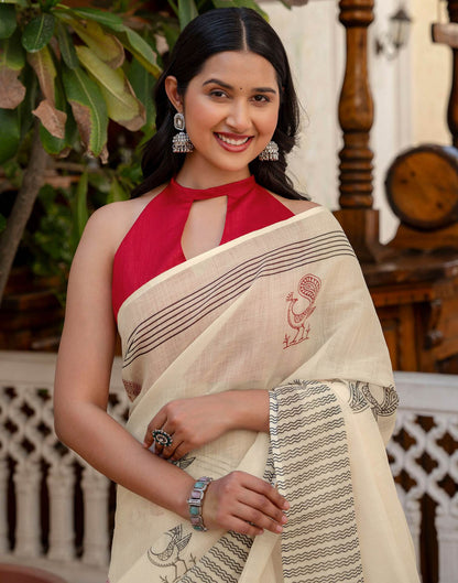 Off White Linen Printed Saree