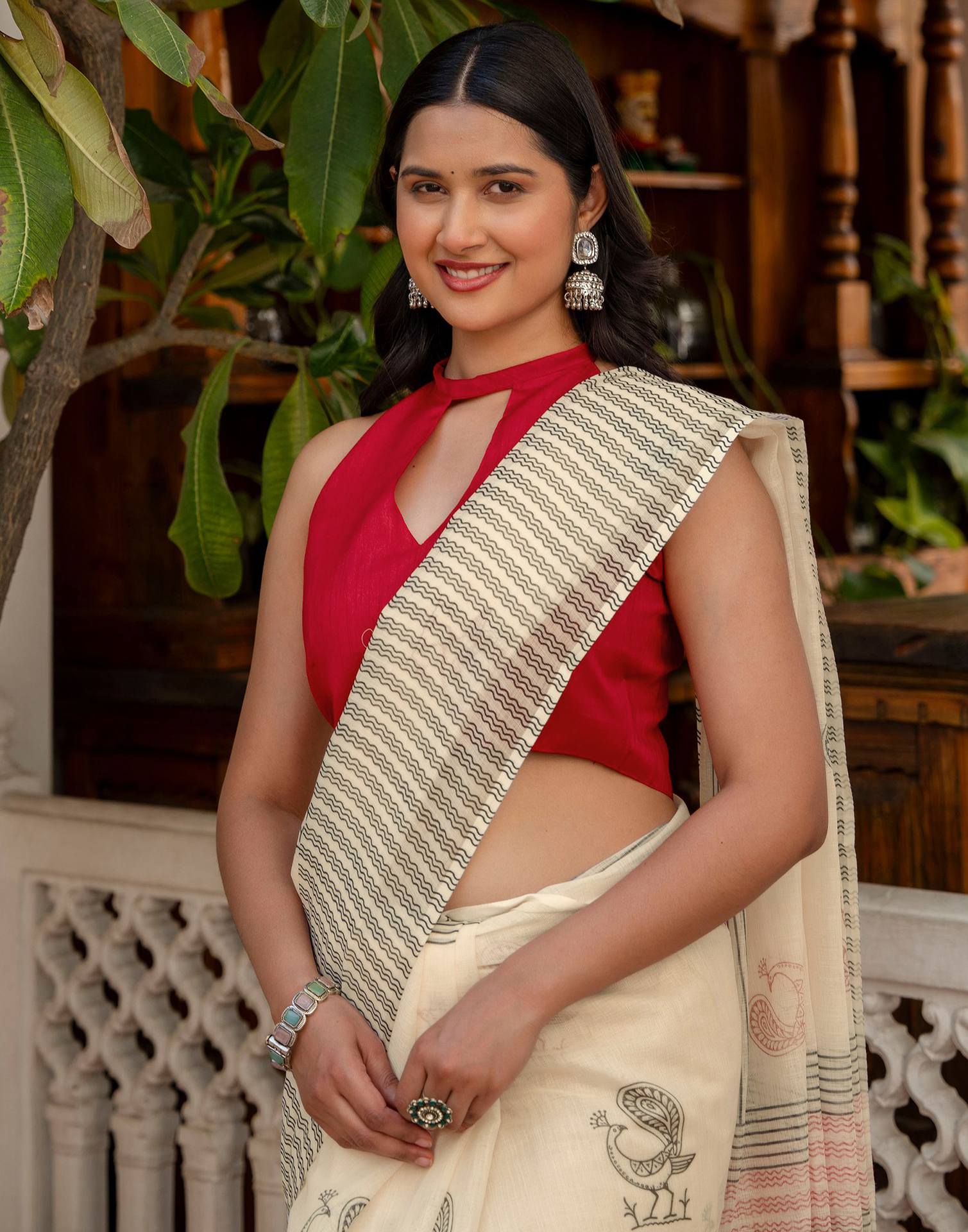 Off White Linen Printed Saree