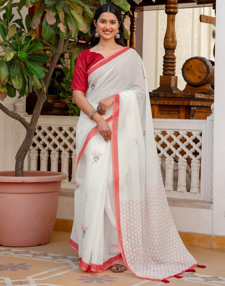 White Linen Printed Saree
