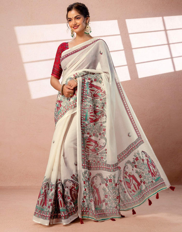 Off White Linen Madhubani Printed Saree