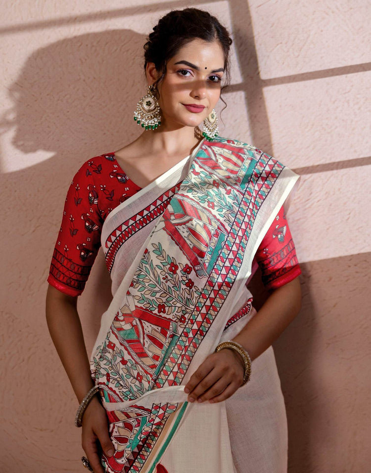 Off White Linen Madhubani Printed Saree
