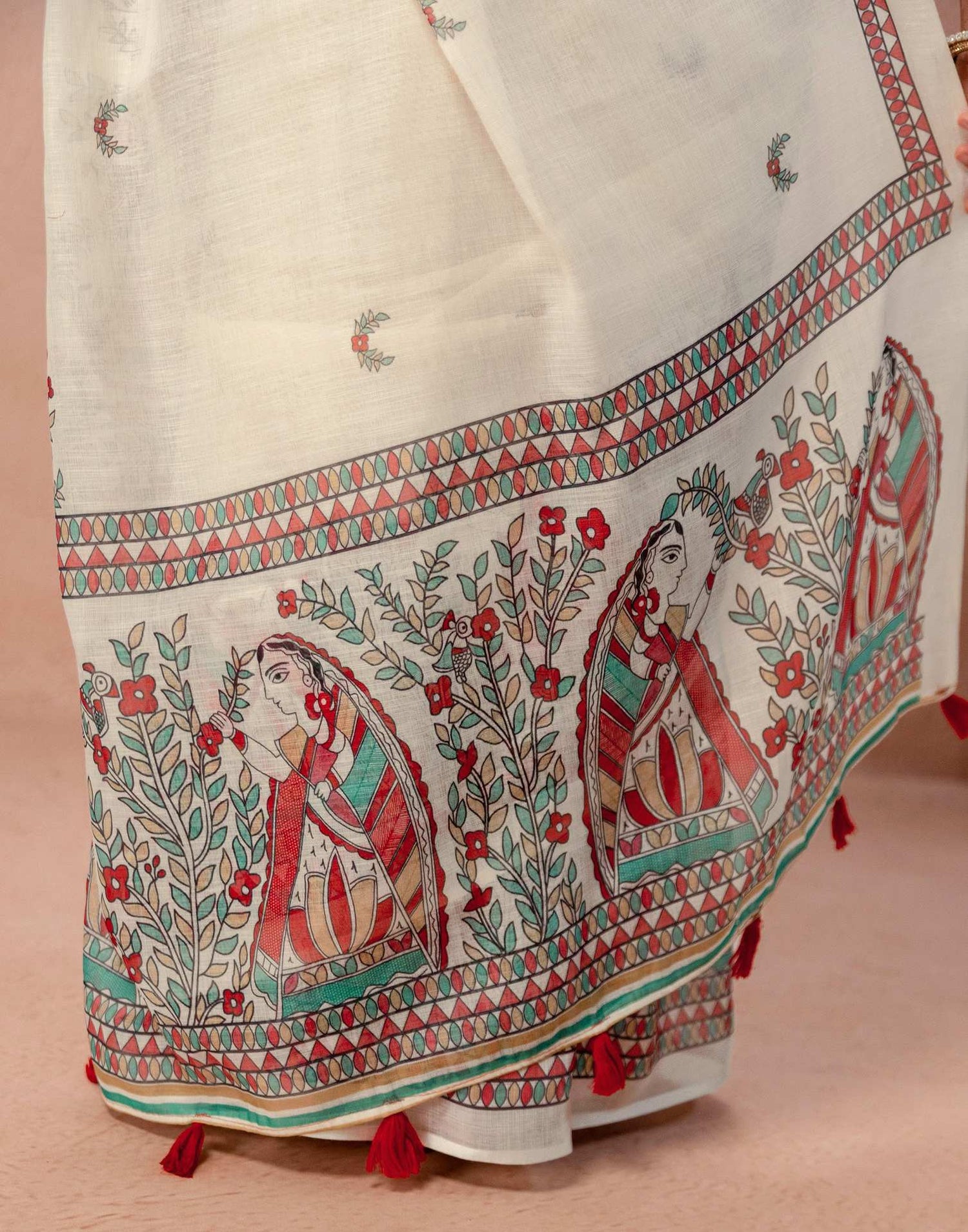 Off White Linen Madhubani Printed Saree