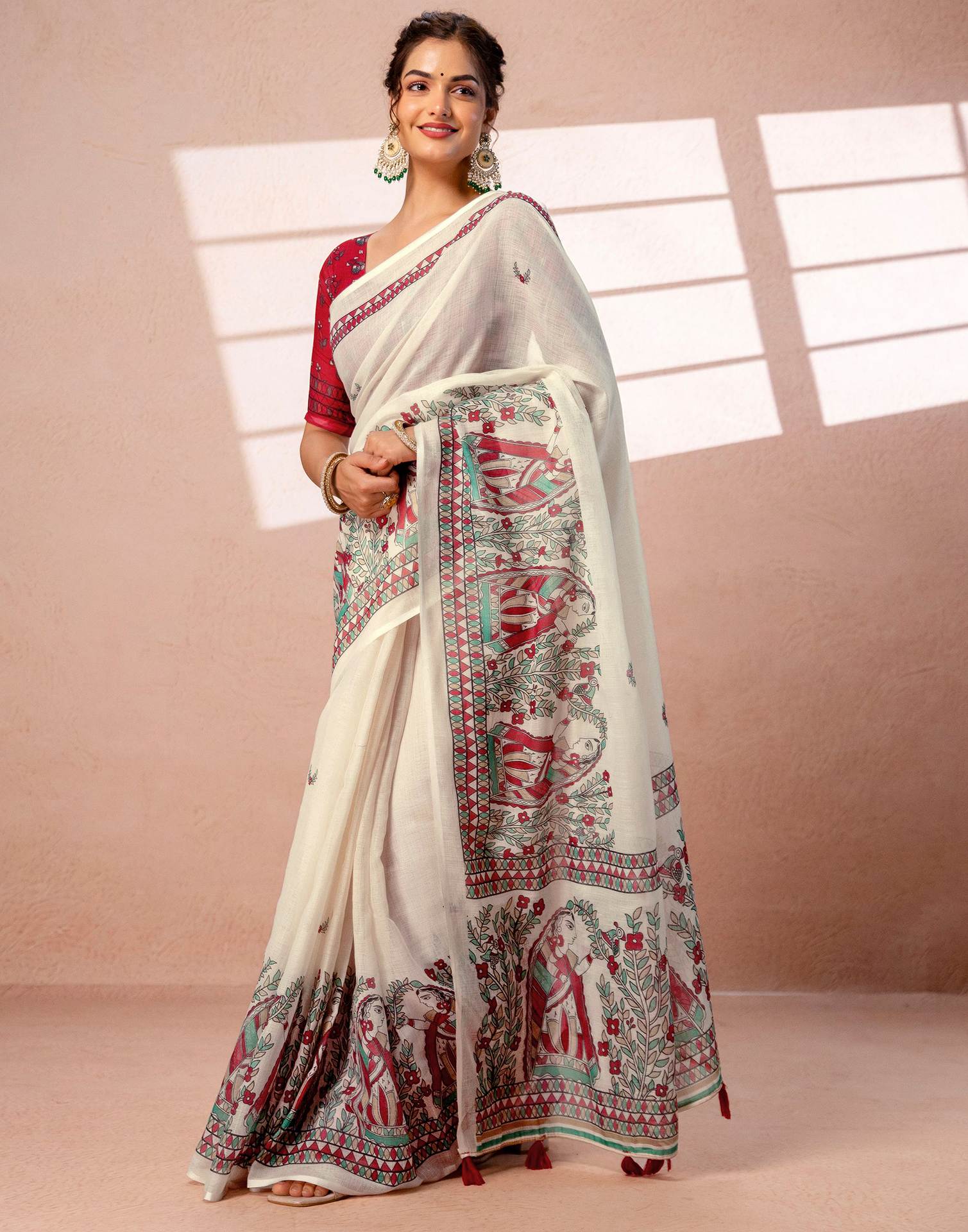 Off White Linen Madhubani Printed Saree