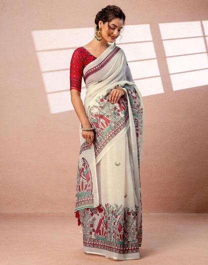 Off White Linen Madhubani Printed Saree