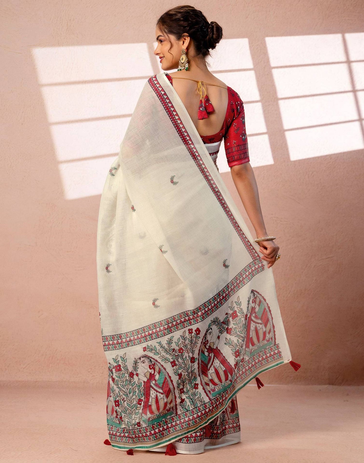 Off White Linen Madhubani Printed Saree