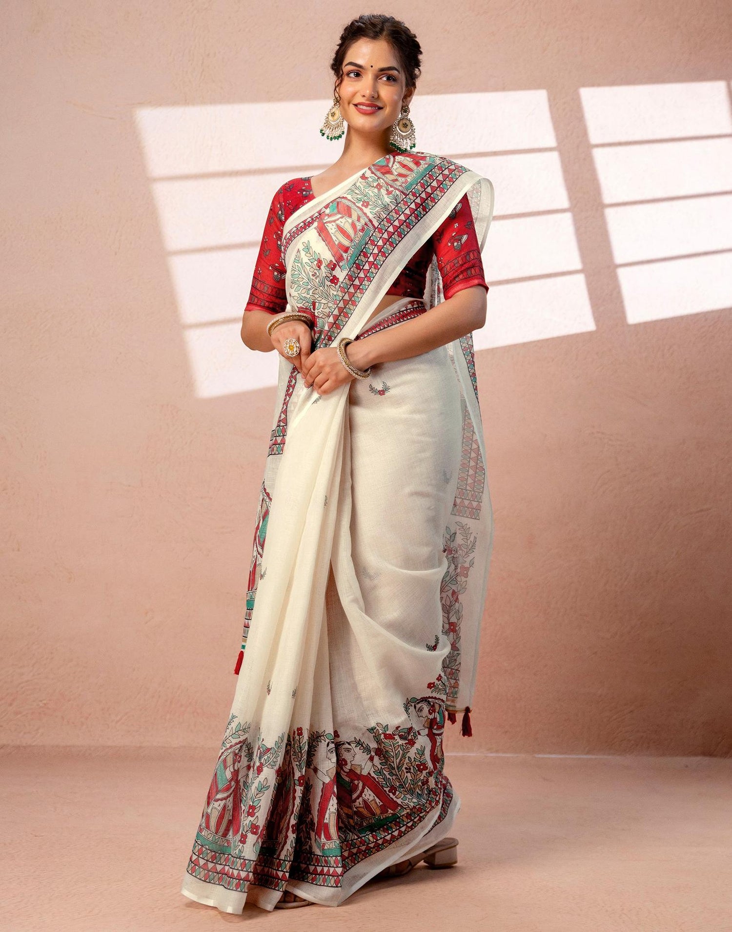 Off White Linen Madhubani Printed Saree