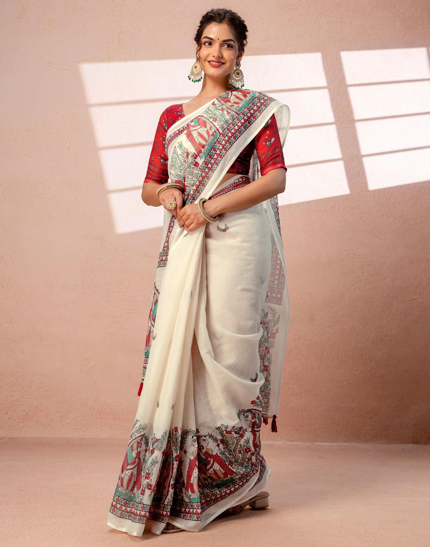 Off White Linen Madhubani Printed Saree