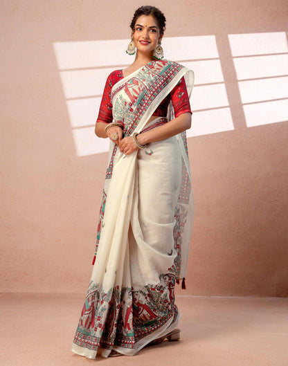 Off White Linen Madhubani Printed Saree