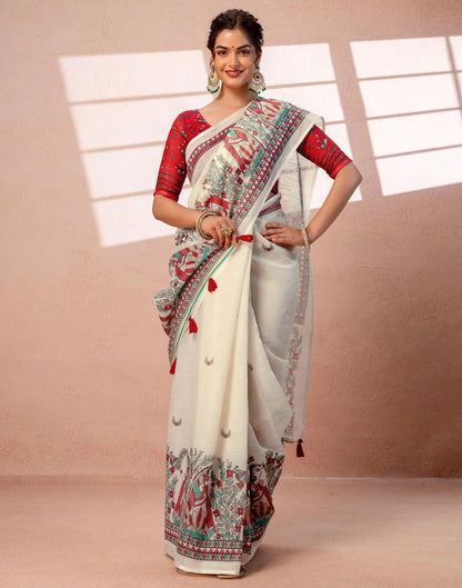 Off White Linen Madhubani Printed Saree
