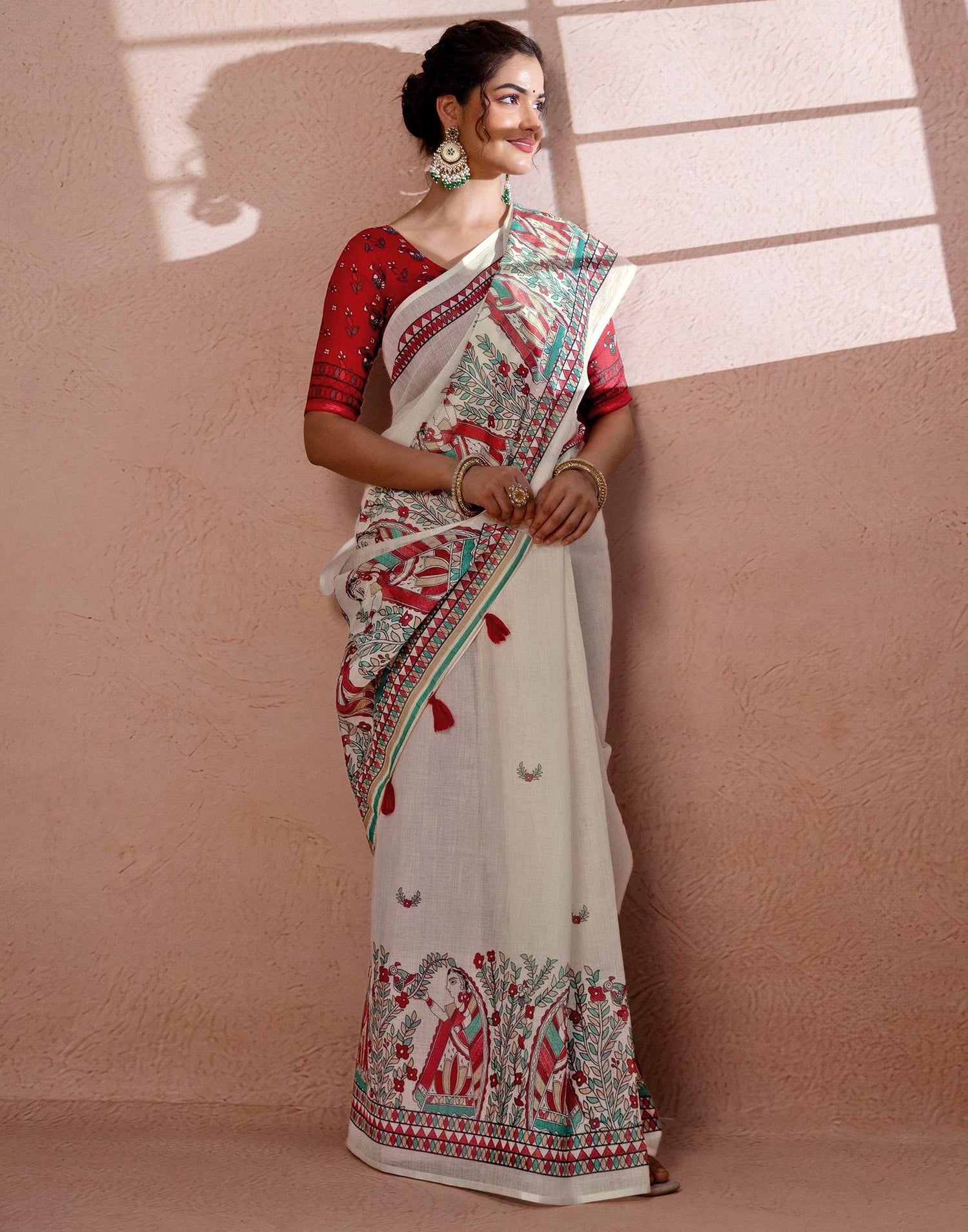 Off White Linen Madhubani Printed Saree