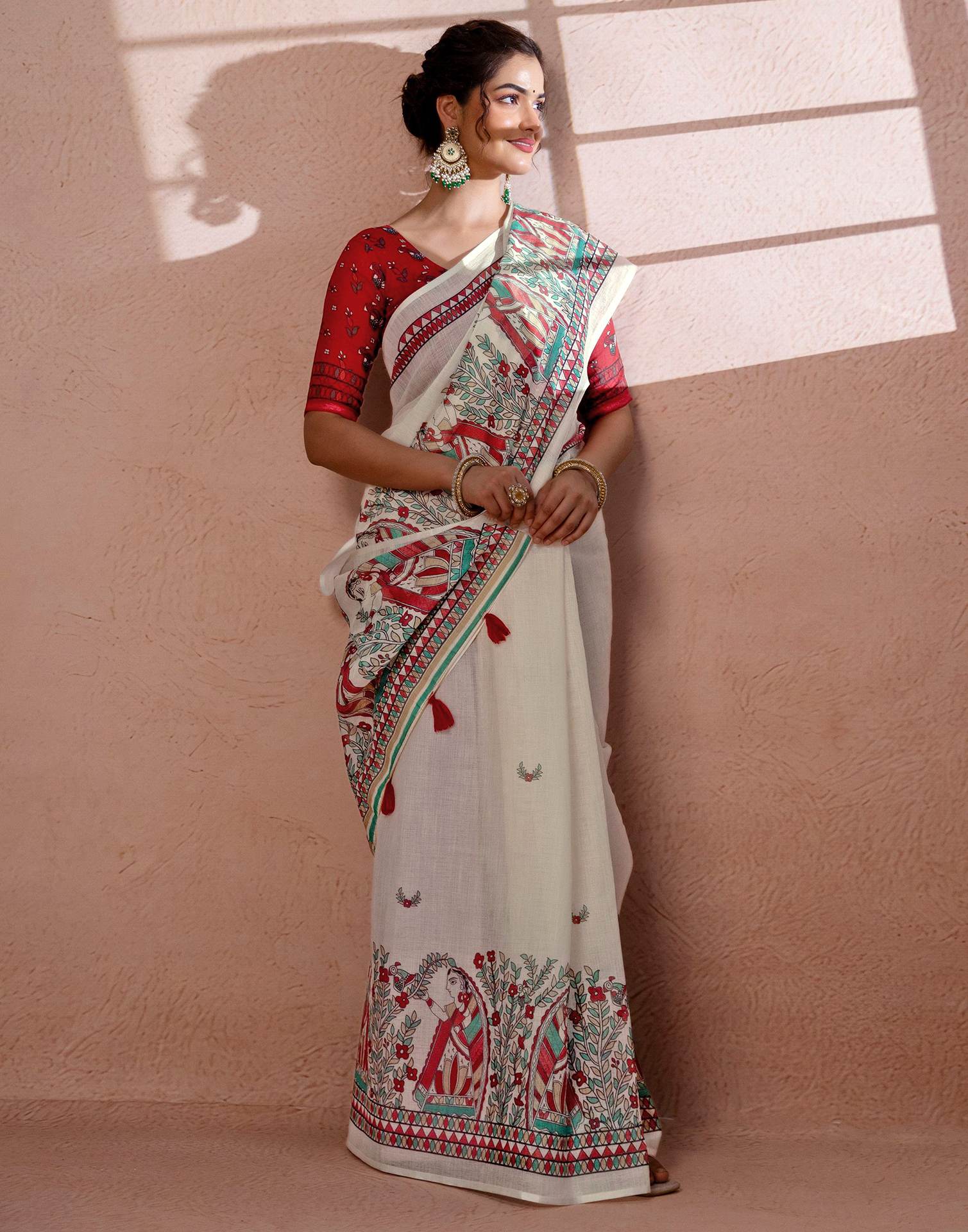 Off White Linen Madhubani Printed Saree