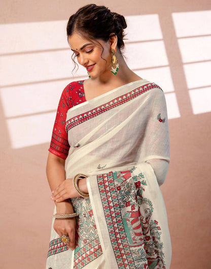 Off White Linen Madhubani Printed Saree