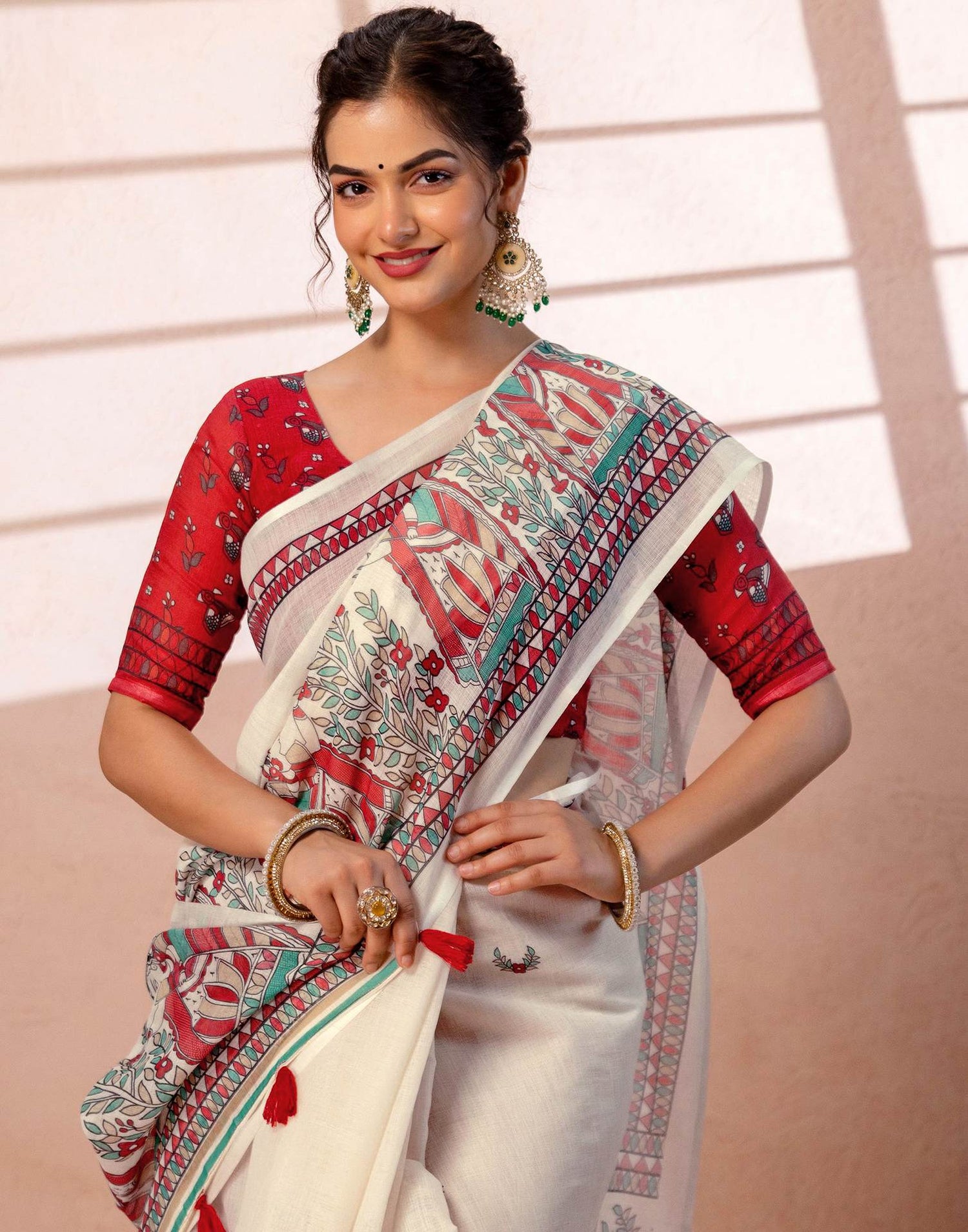Off White Linen Madhubani Printed Saree