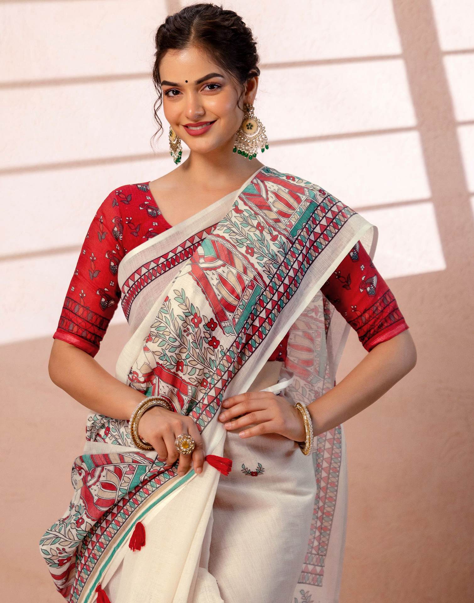 Off White Linen Madhubani Printed Saree