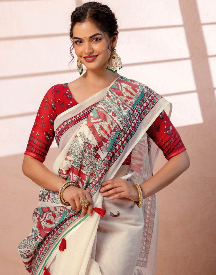 Off White Linen Madhubani Printed Saree