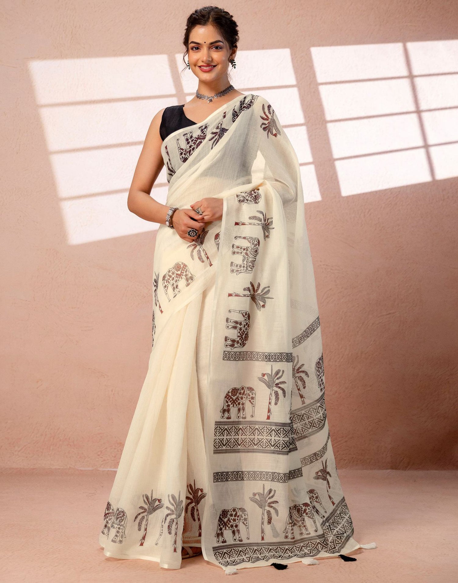 Beige Linen Printed Saree