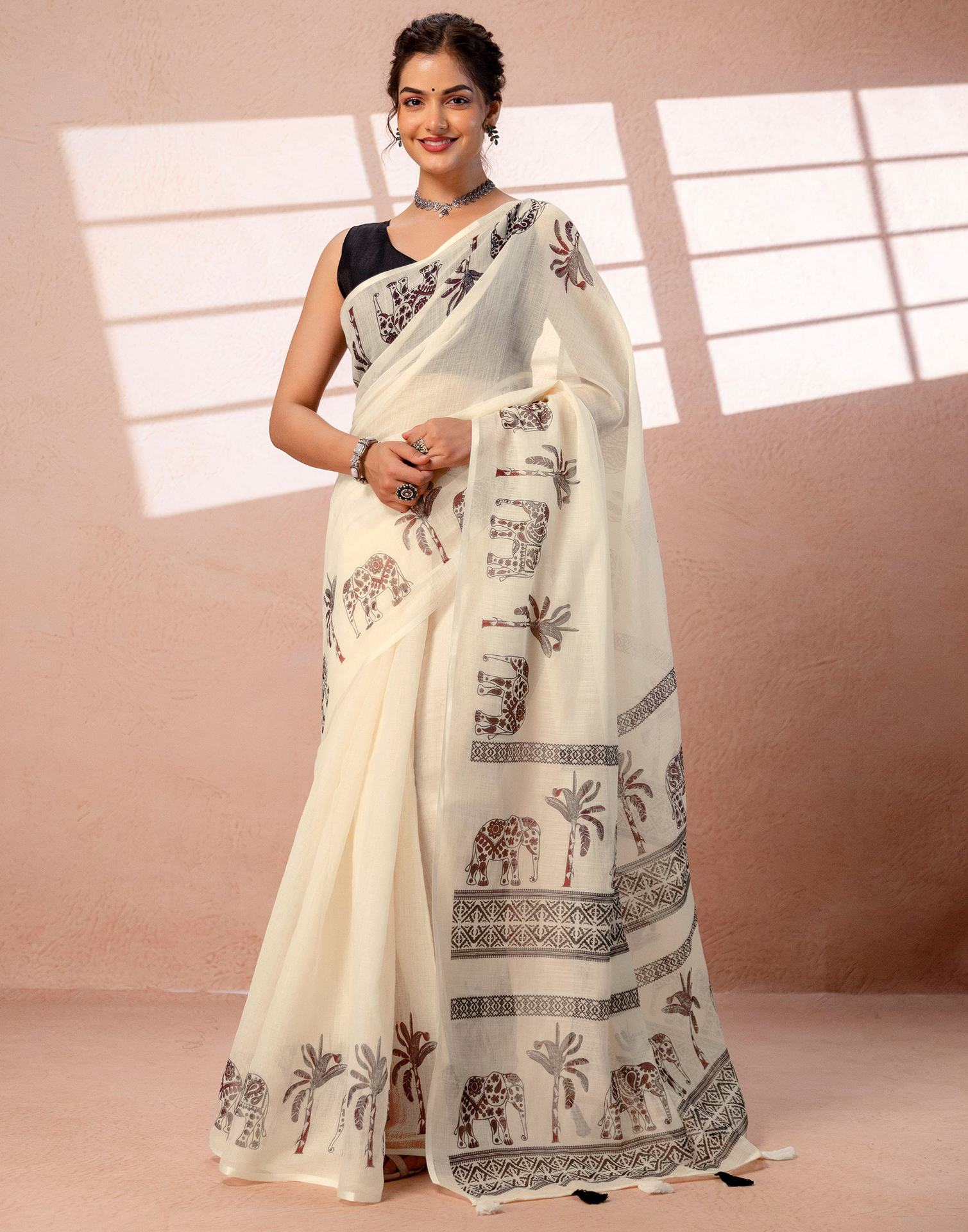 Beige Linen Printed Saree