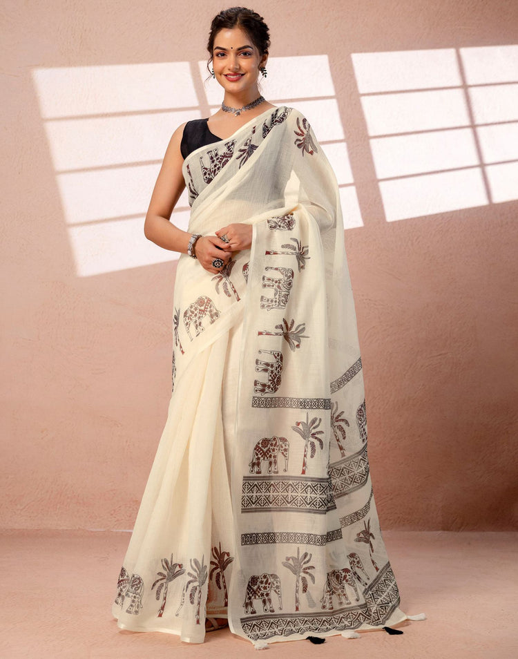 Beige Linen Printed Saree
