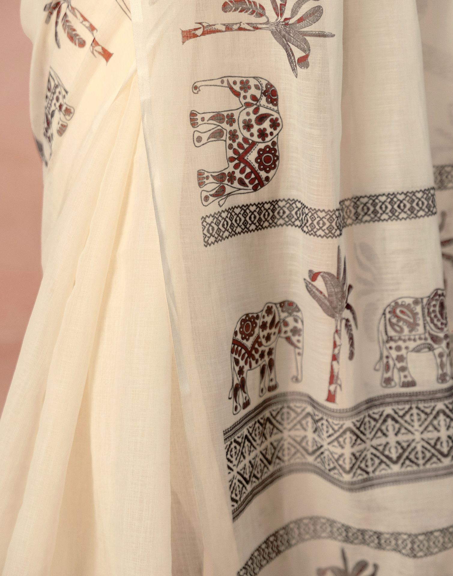 Beige Linen Printed Saree