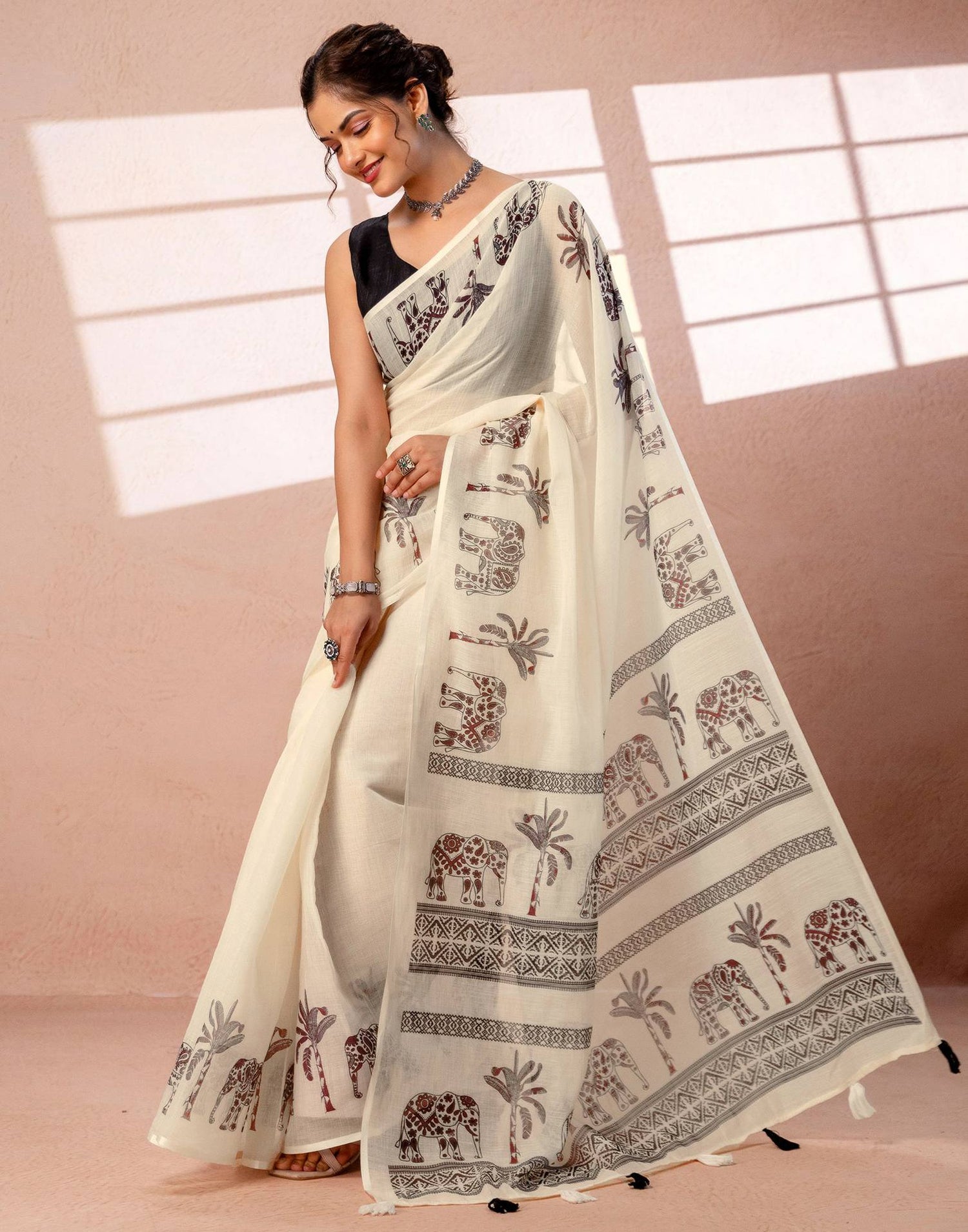 Beige Linen Printed Saree