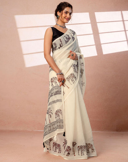 Beige Linen Printed Saree