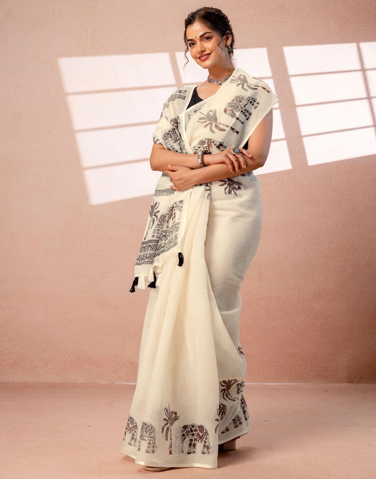 Beige Linen Printed Saree