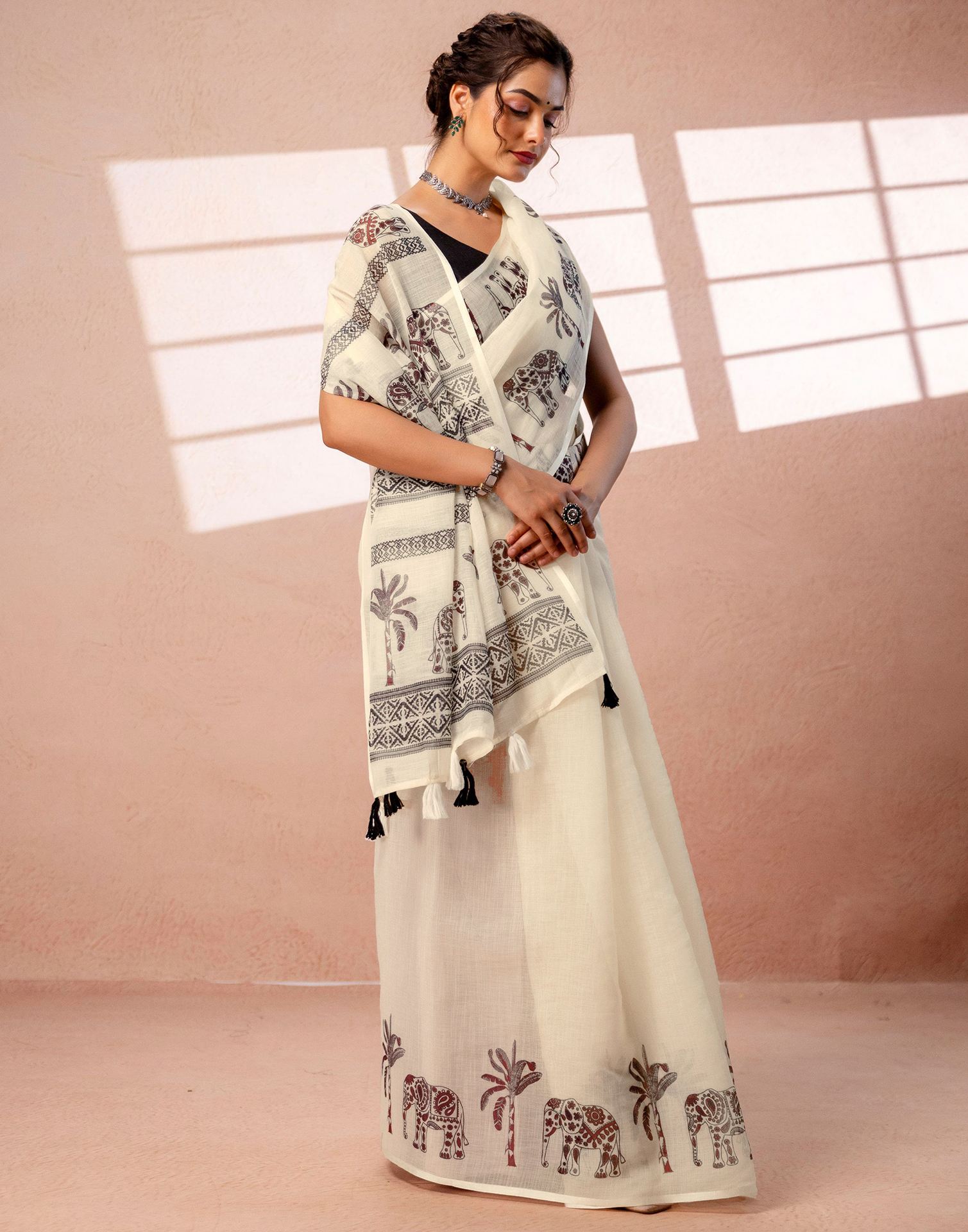 Beige Linen Printed Saree