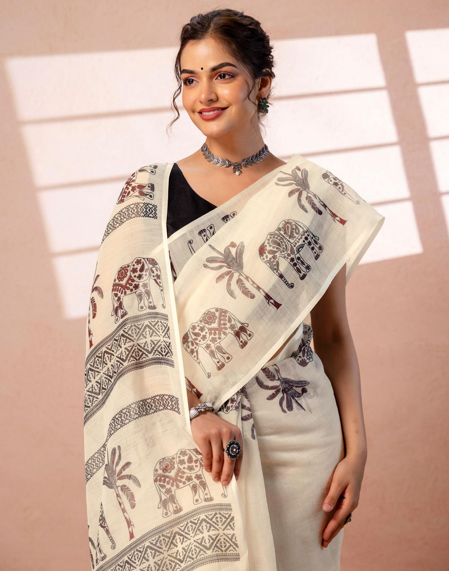 Beige Linen Printed Saree