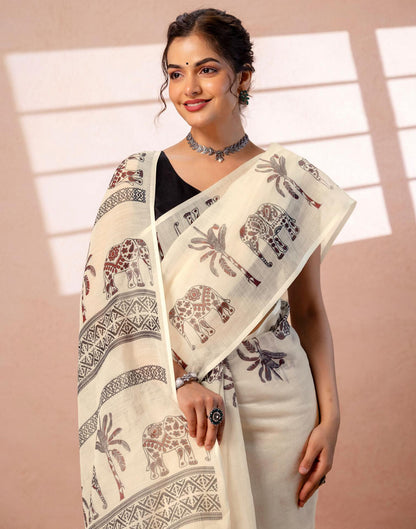 Beige Linen Printed Saree