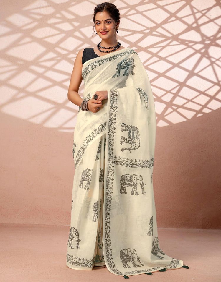 Off White Linen Printed Saree