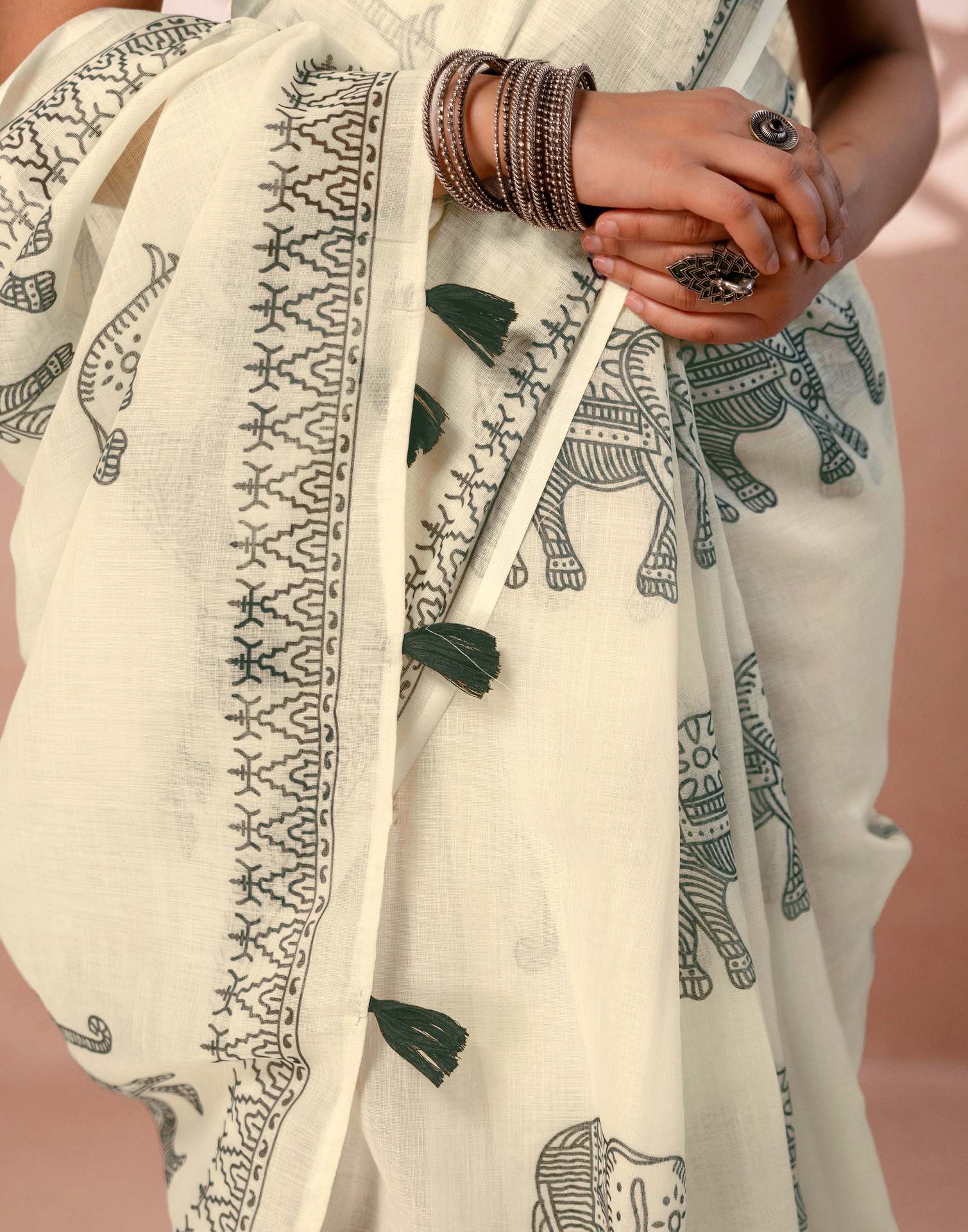Off White Linen Printed Saree