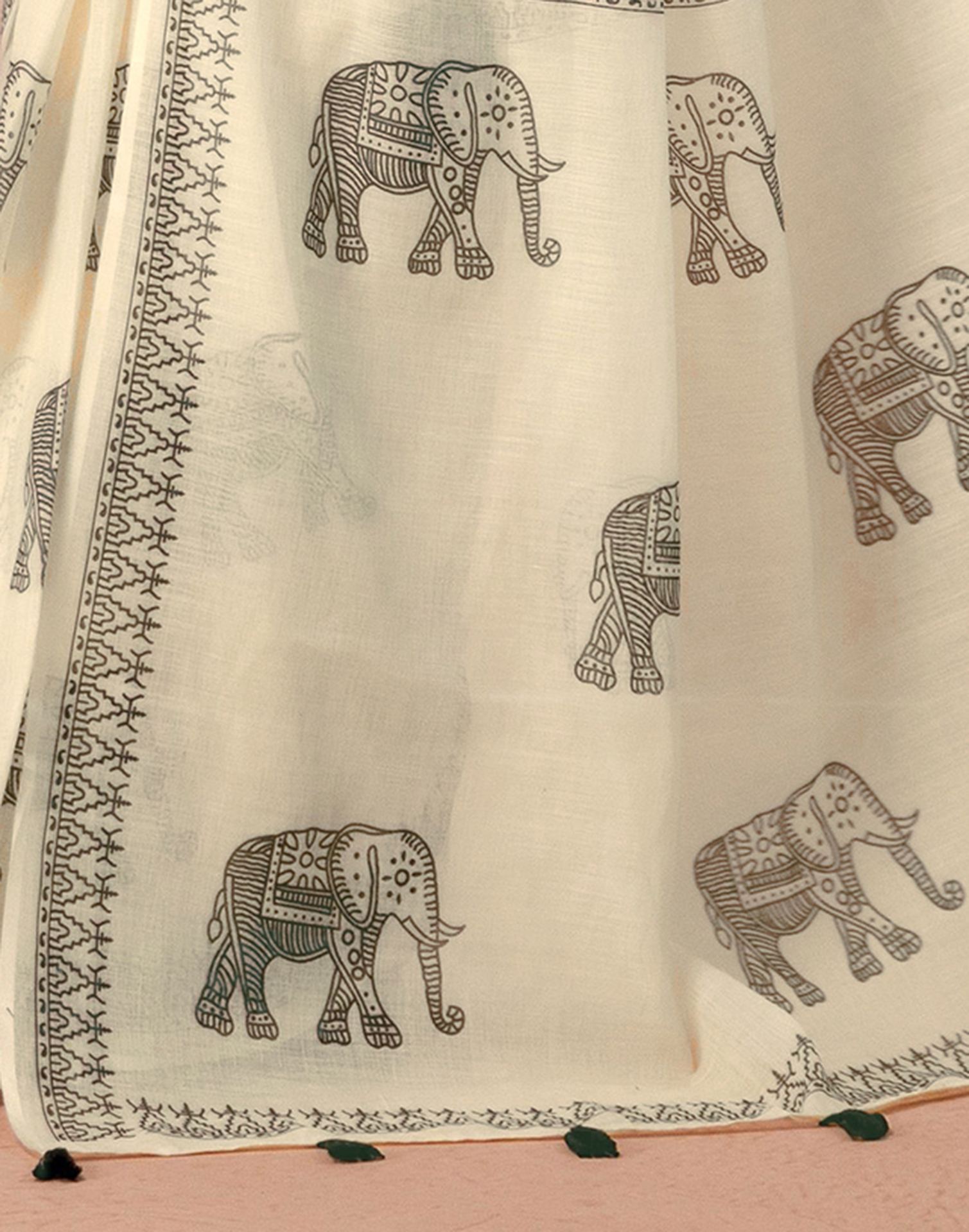 Off White Linen Printed Saree