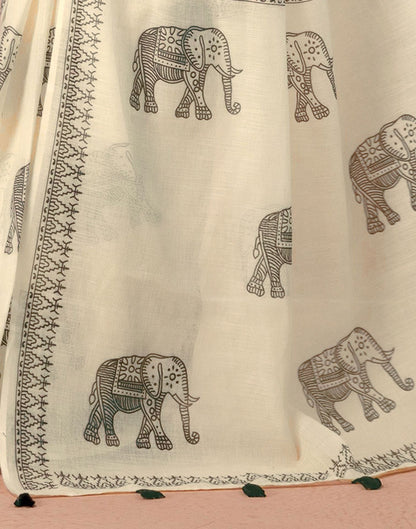 Off White Linen Printed Saree